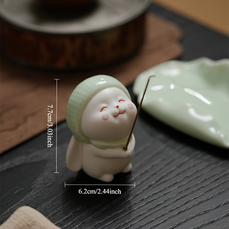 1pc Cute Ceramic Rabbit Incense Burner - Soft & Charming Tea Pet with Leaf Base, Ideal for Home Decor, Indoor Incense Holder, No Electricity Needed, Rabbit Decor
