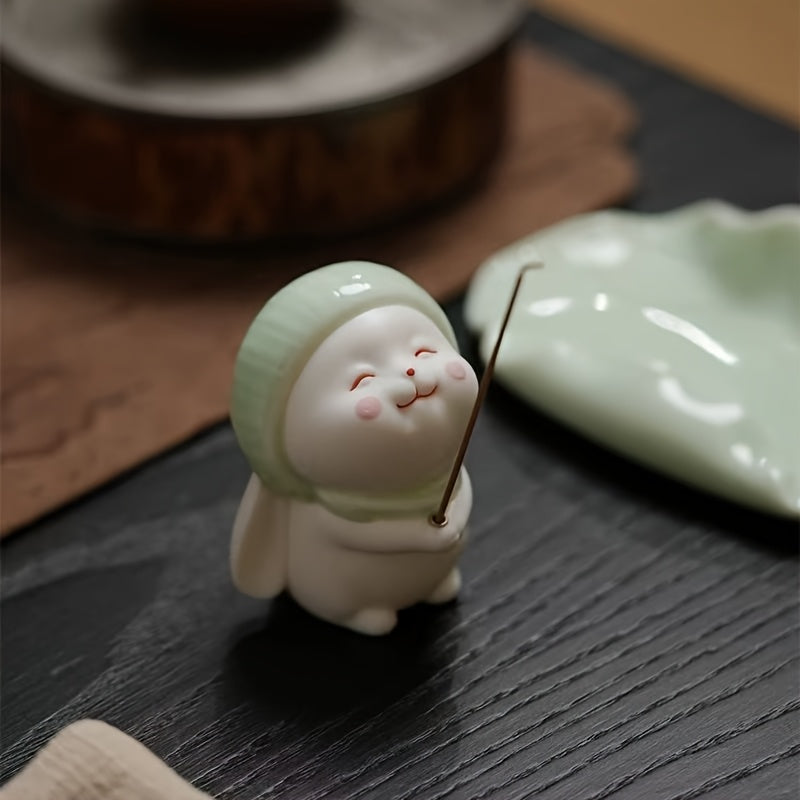 1pc Cute Ceramic Rabbit Incense Burner - Soft & Charming Tea Pet with Leaf Base, Ideal for Home Decor, Indoor Incense Holder, No Electricity Needed, Rabbit Decor