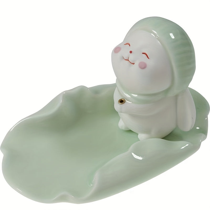 1pc Cute Ceramic Rabbit Incense Burner - Soft & Charming Tea Pet with Leaf Base, Ideal for Home Decor, Indoor Incense Holder, No Electricity Needed, Rabbit Decor