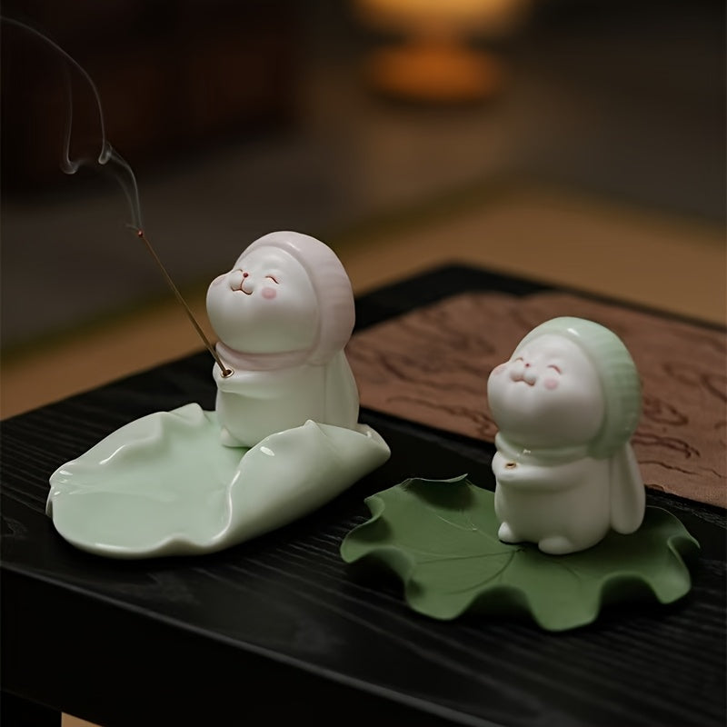 1pc Cute Ceramic Rabbit Incense Burner - Soft & Charming Tea Pet with Leaf Base, Ideal for Home Decor, Indoor Incense Holder, No Electricity Needed, Rabbit Decor