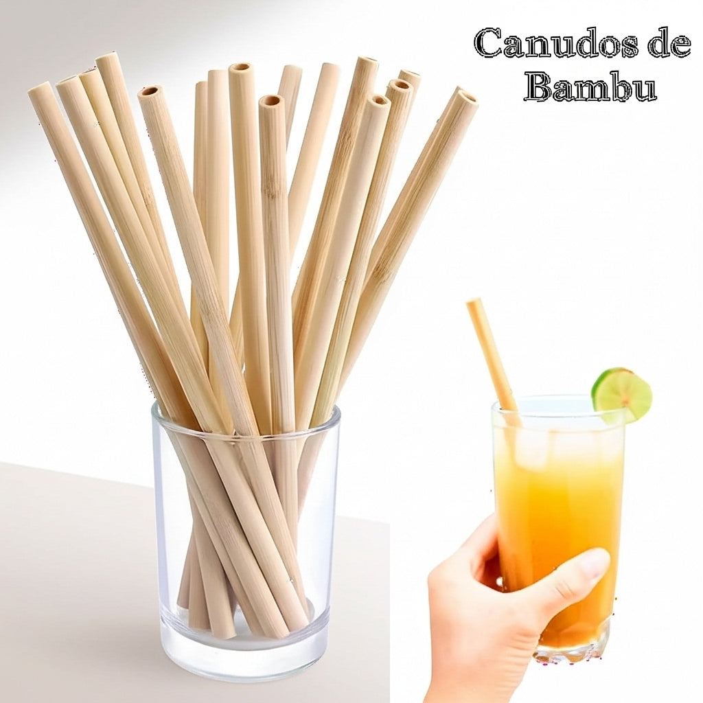 Kit De Canudos De Bambu 100% Sustentável Com Escovas De Limpeza