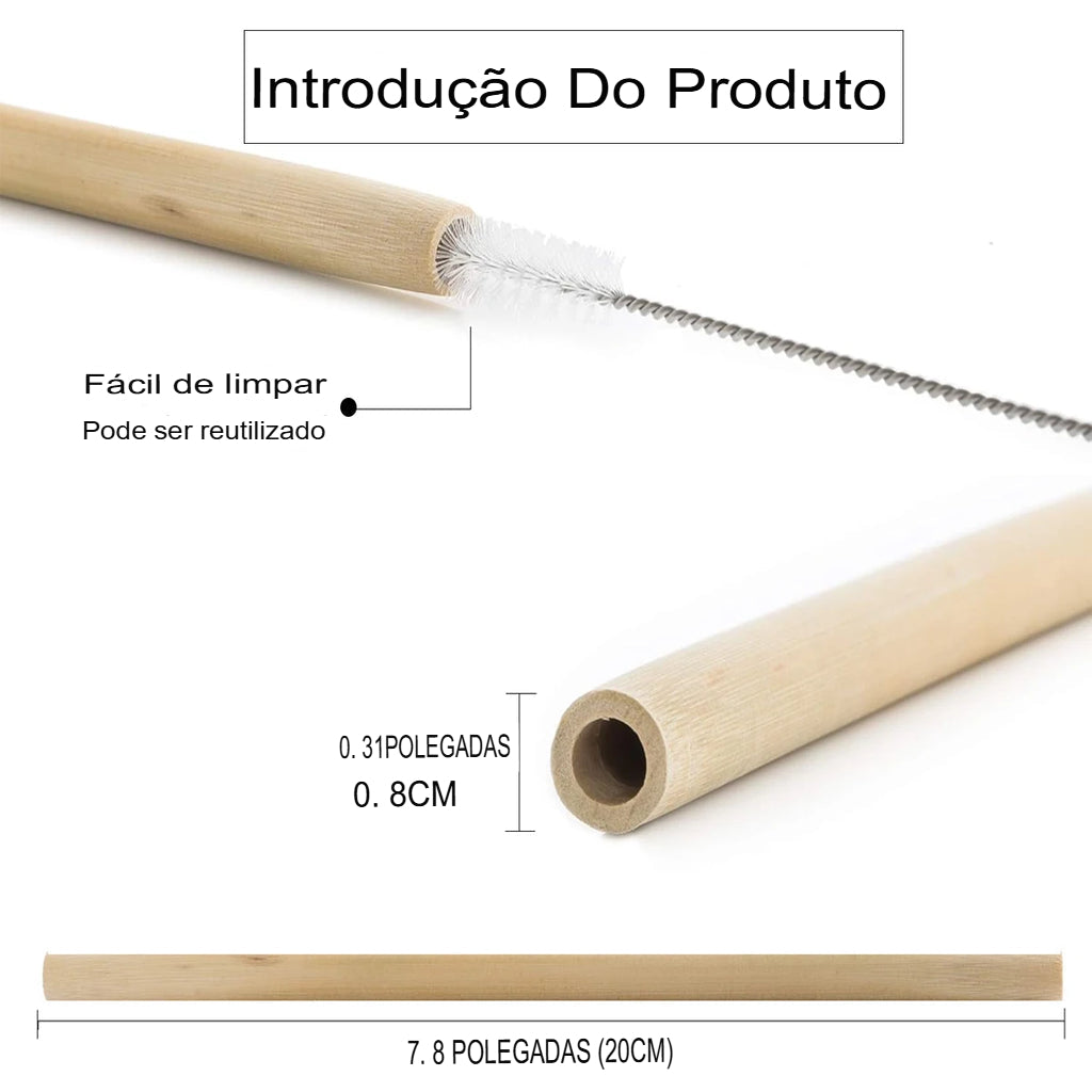 Kit De Canudos De Bambu 100% Sustentável Com Escovas De Limpeza