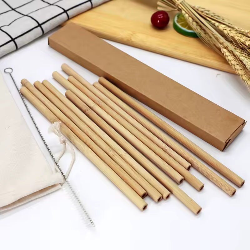 Kit De Canudos De Bambu 100% Sustentável Com Escovas De Limpeza
