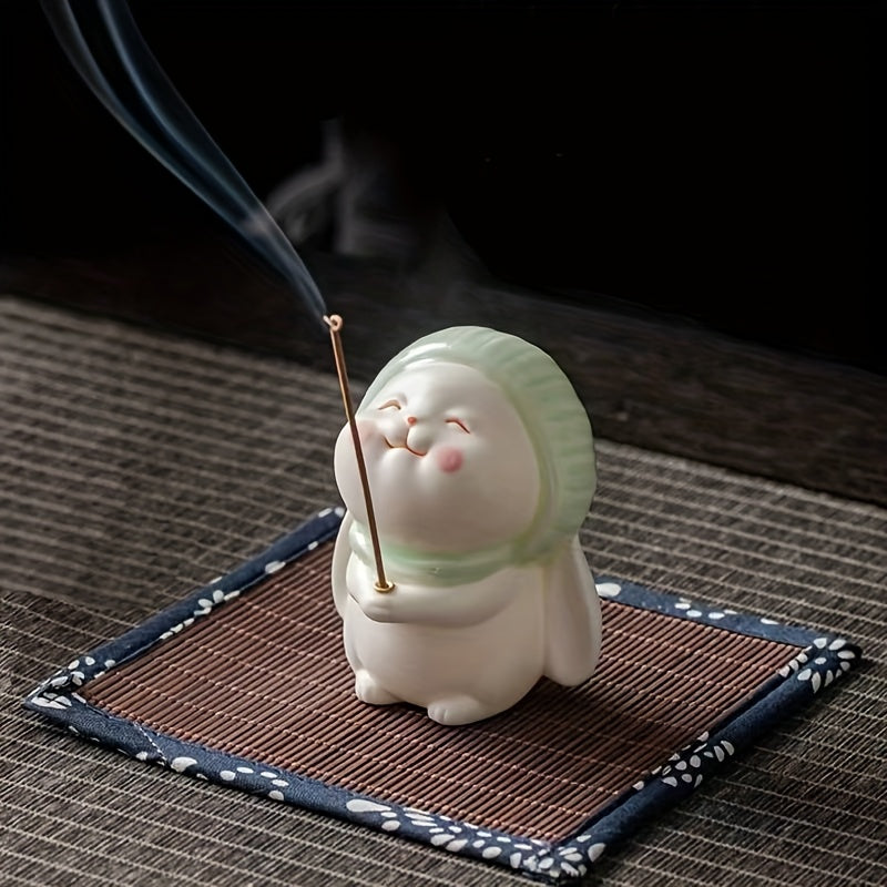 1pc Cute Ceramic Rabbit Incense Burner - Soft & Charming Tea Pet with Leaf Base, Ideal for Home Decor, Indoor Incense Holder, No Electricity Needed, Rabbit Decor