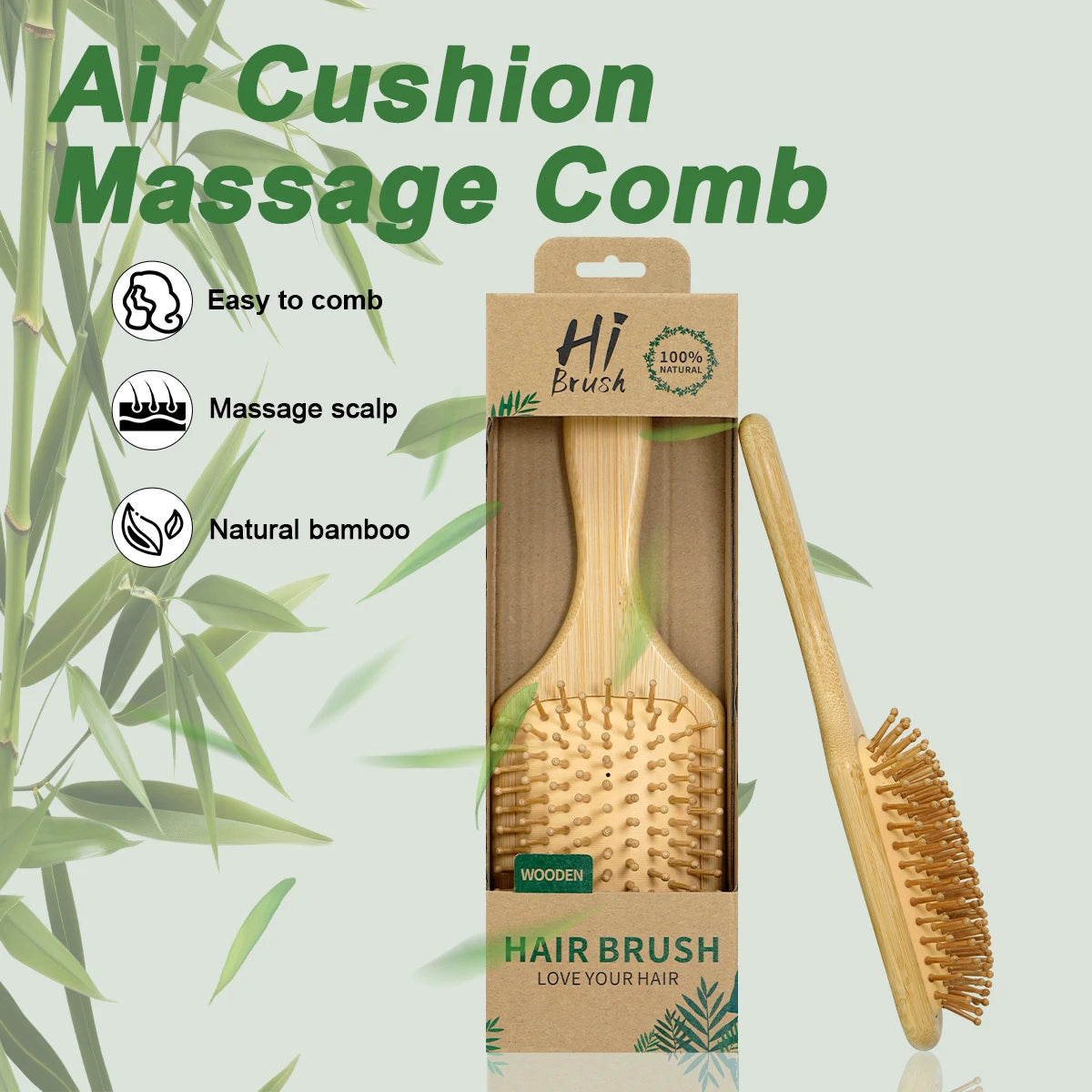 Escova de Cabelo com Almofada de Ar de Bambu Natural