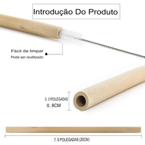Kit De Canudos De Bambu 100% Sustentável Com Escovas De Limpeza