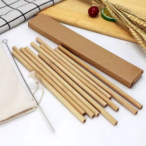 Kit De Canudos De Bambu 100% Sustentável Com Escovas De Limpeza