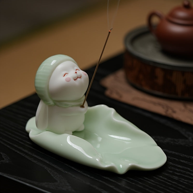 1pc Cute Ceramic Rabbit Incense Burner - Soft & Charming Tea Pet with Leaf Base, Ideal for Home Decor, Indoor Incense Holder, No Electricity Needed, Rabbit Decor